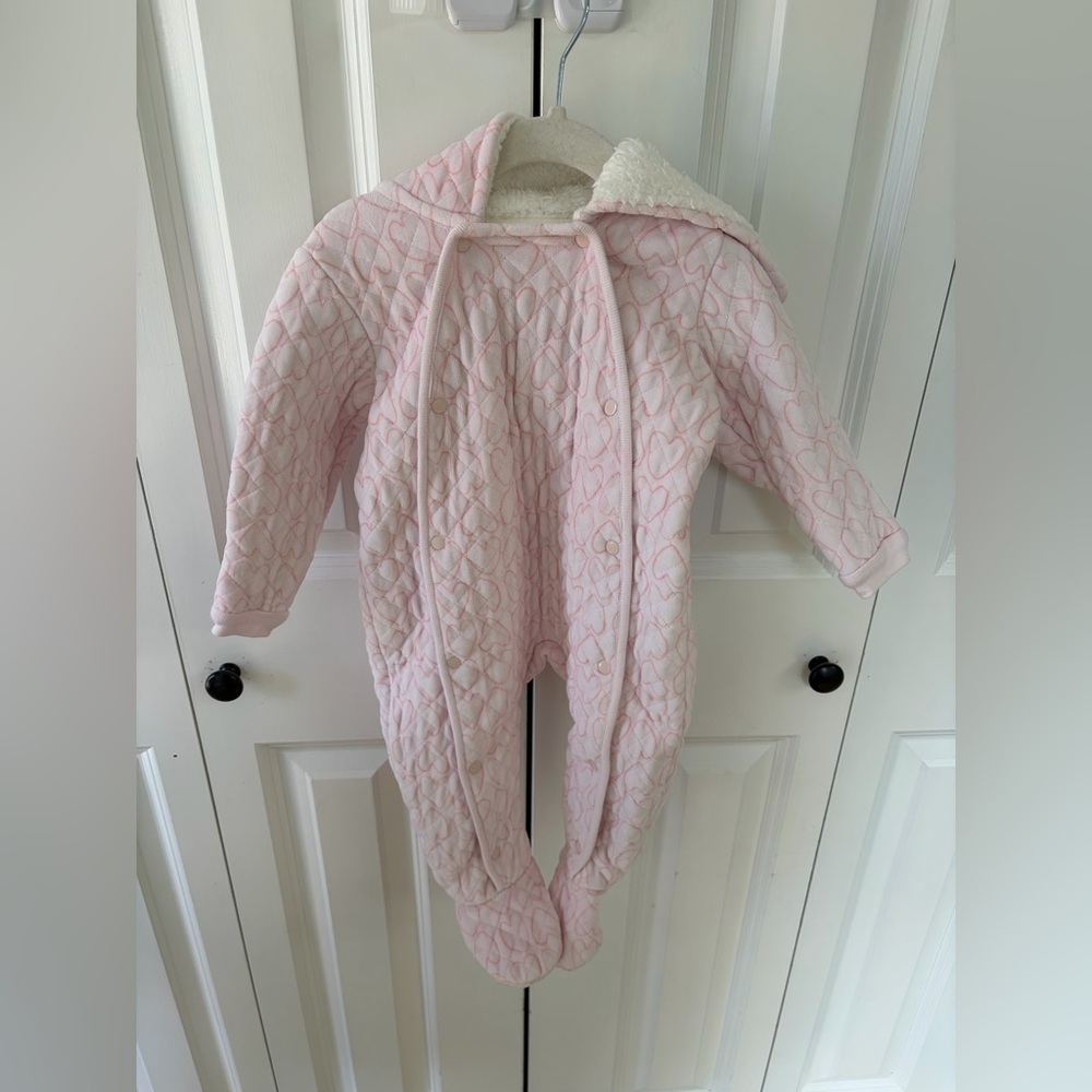 Nordstrom Baby Velour Quilted Footed Hooded Bunting Heart Print Sherpa Size 12m